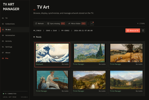 TV Art Manager's TV Art page: a grid of the pictures stored on a connected Frame, with the one on the TV marked as displayed